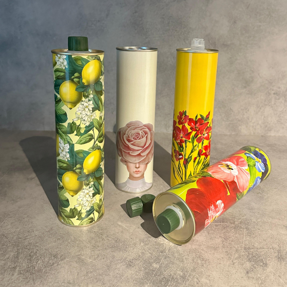 Sarkap Home Dekoratif 750 ml Kapaklı Silindir Boş Zeytinyağı Tenekesi KarışıkÇiçek