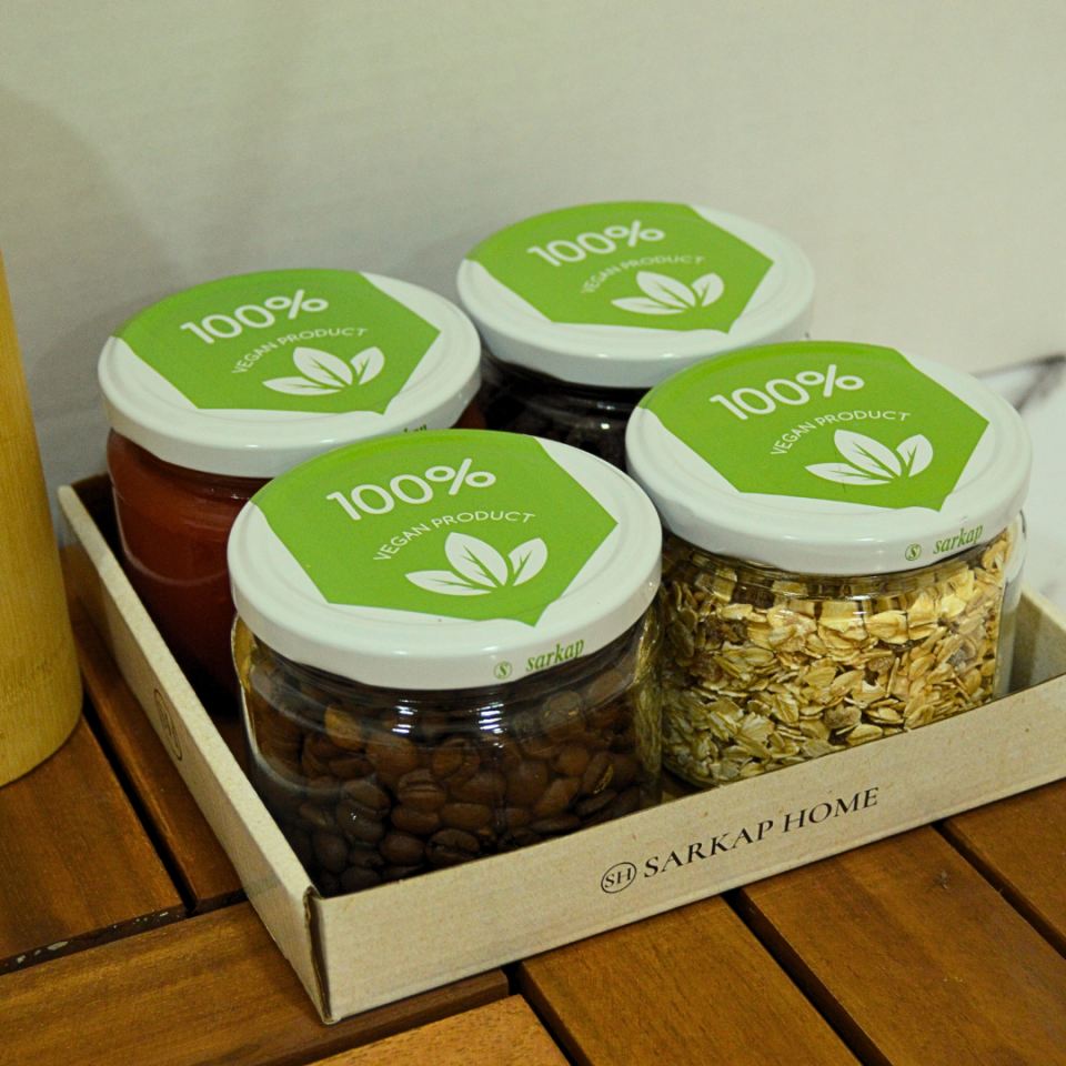 Sarkap Home 4'lü 300 ml Desenli Kapaklı Yuvarlak Cam Kavanoz Vegan
