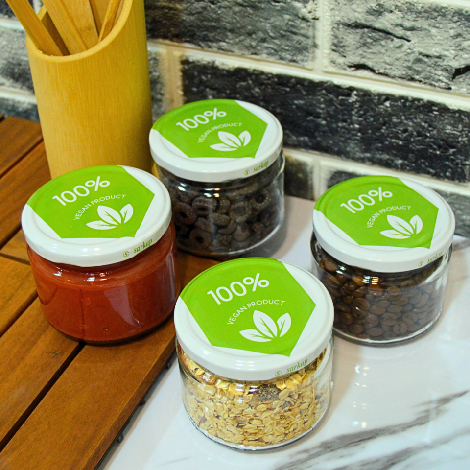 Sarkap Home 4'lü 300 ml Desenli Kapaklı Yuvarlak Cam Kavanoz Vegan
