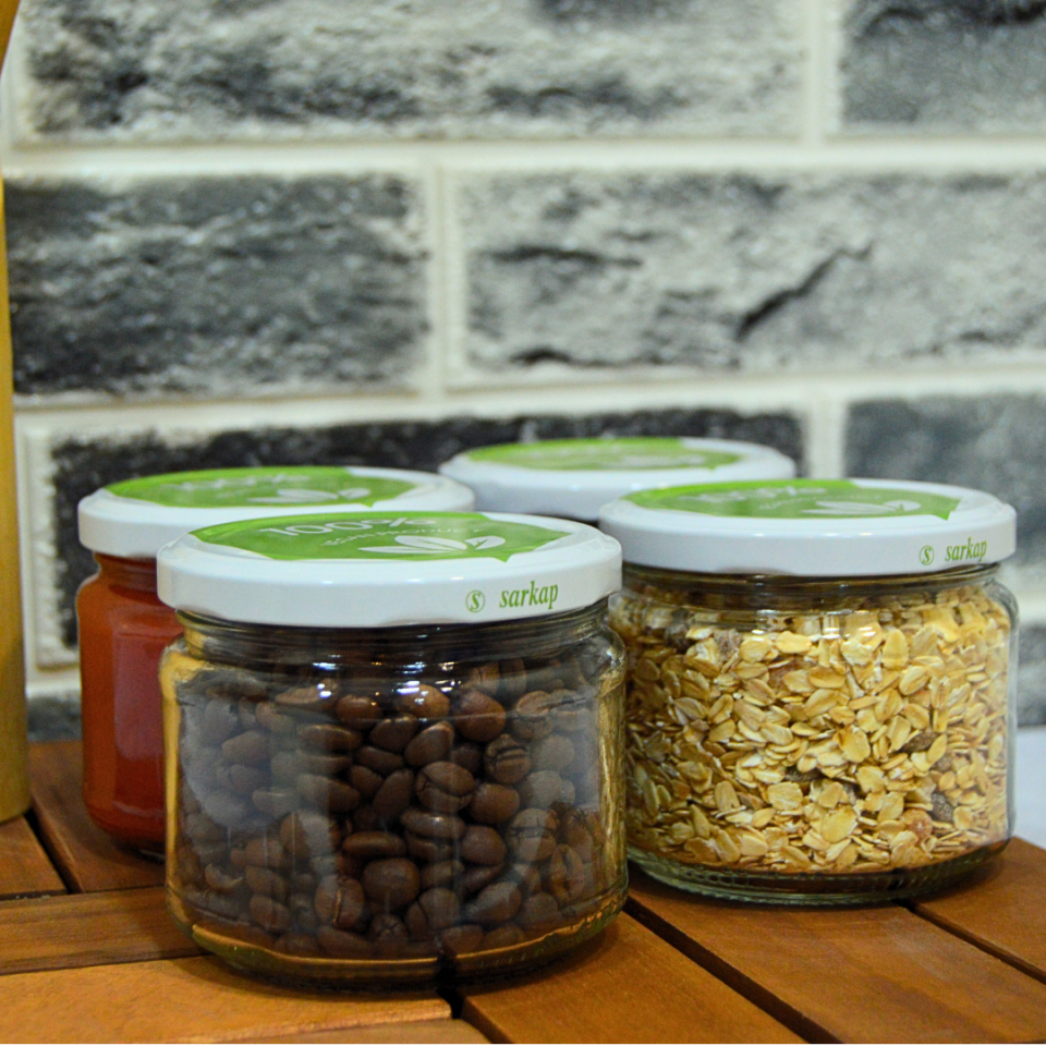 Sarkap Home 4'lü 300 ml Desenli Kapaklı Yuvarlak Cam Kavanoz Vegan