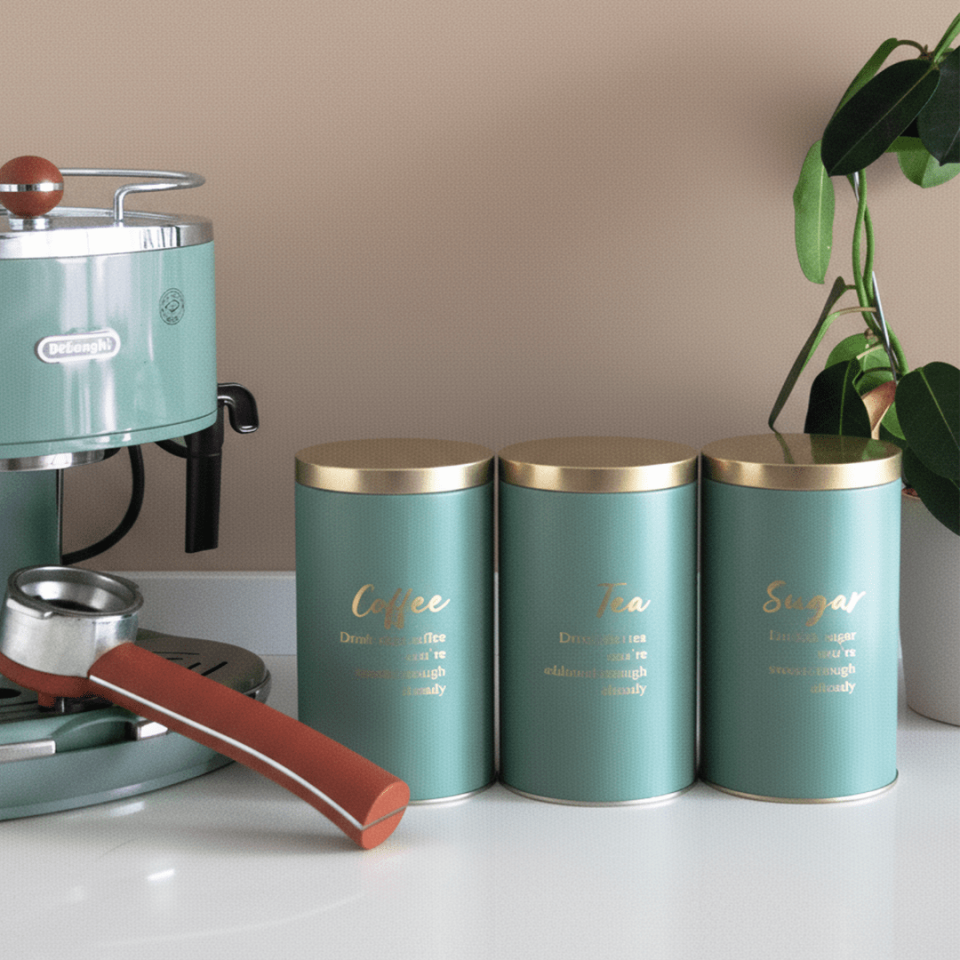 Vakumlu Kapaklı 3'lü Metal Saklama Kabı Seti Yeşil&Gold