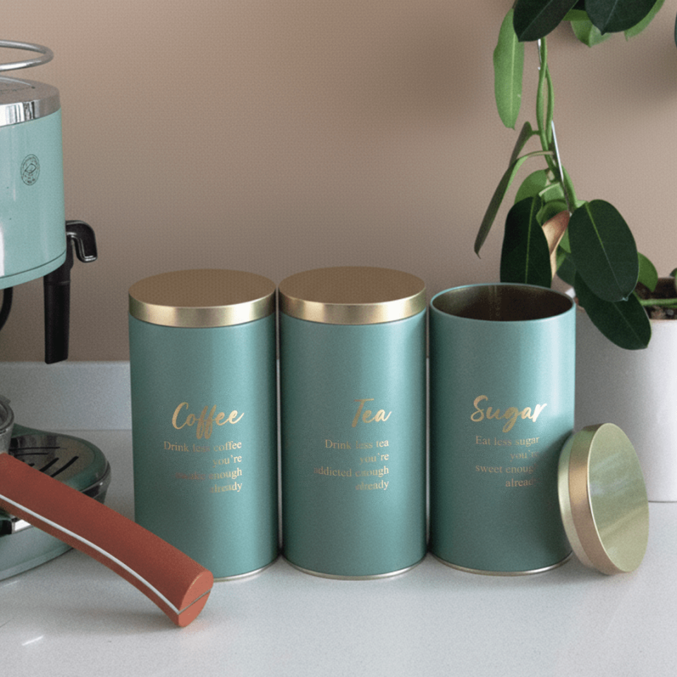 Vakumlu Kapaklı 3'lü Metal Saklama Kabı Seti Yeşil&Gold