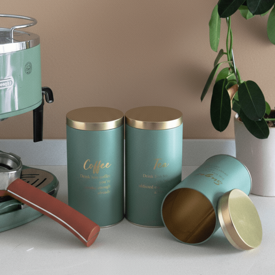 Vakumlu Kapaklı 3'lü Metal Saklama Kabı Seti Yeşil&Gold