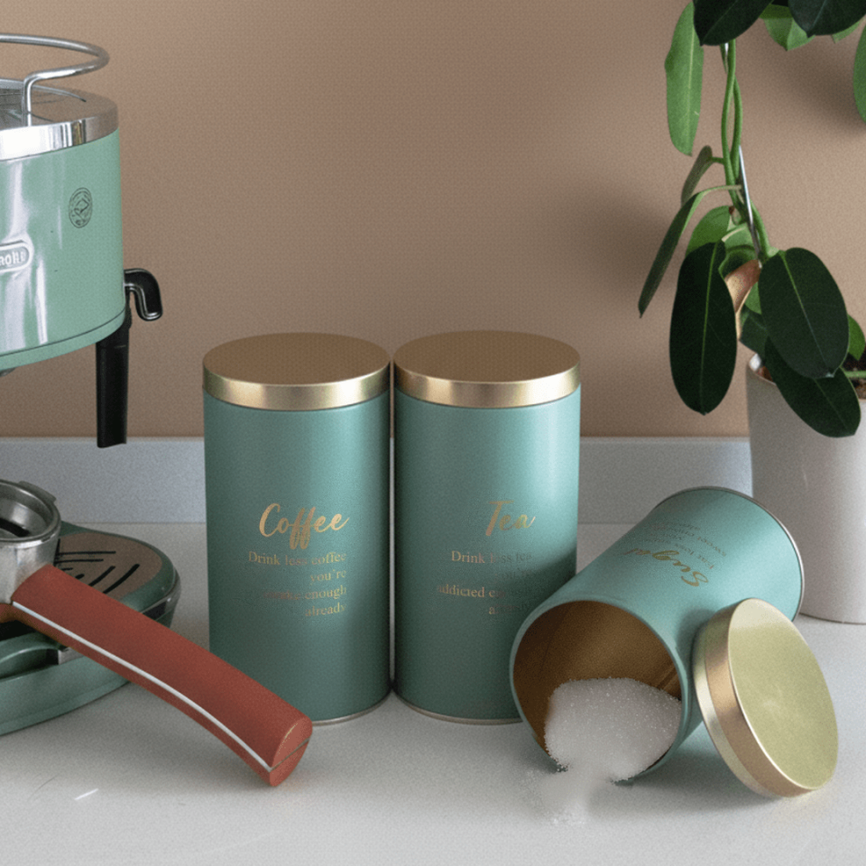 Vakumlu Kapaklı 3'lü Metal Saklama Kabı Seti Yeşil&Gold