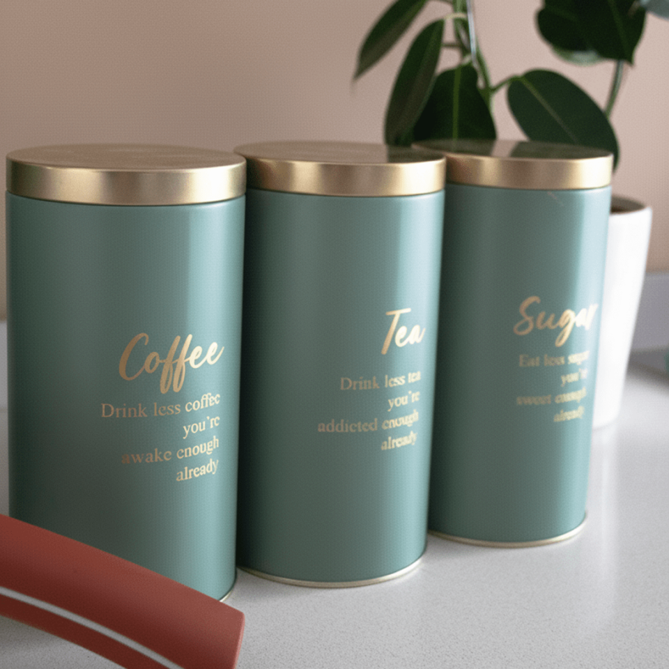 Vakumlu Kapaklı 3'lü Metal Saklama Kabı Seti Yeşil&Gold