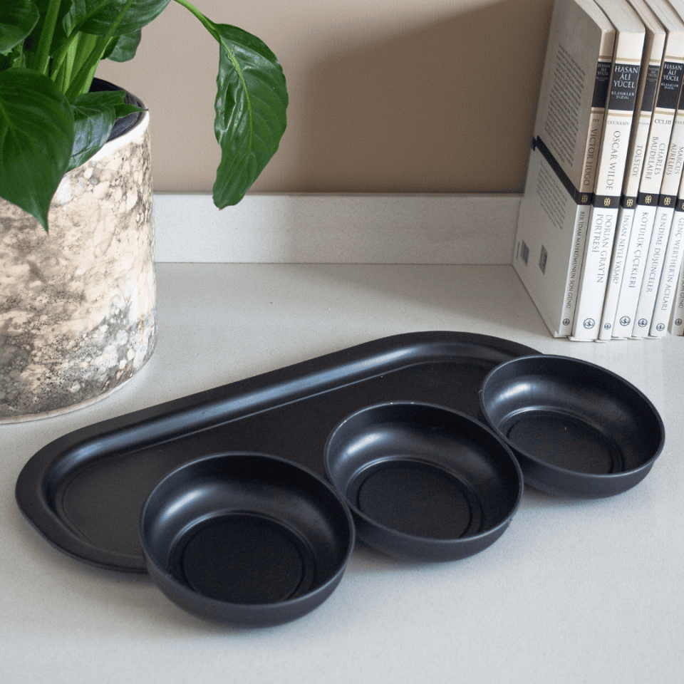 Sarkap Home 3'lü Çerezlik ve Sunumluk Tepsi Seti MatSiyah