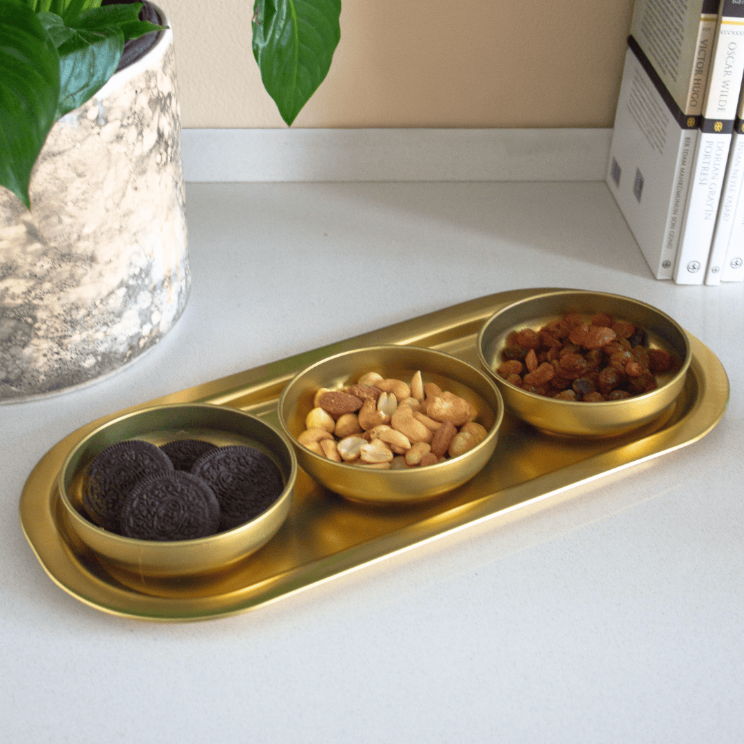 Sarkap Home 3'lü Çerezlik ve Sunumluk Tepsi Seti Gold
