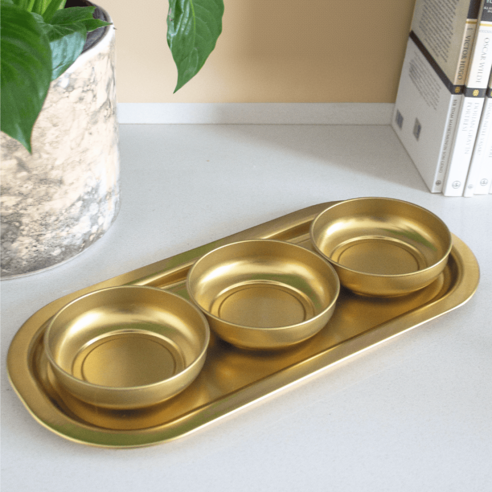 Sarkap Home 3'lü Çerezlik ve Sunumluk Tepsi Seti Gold