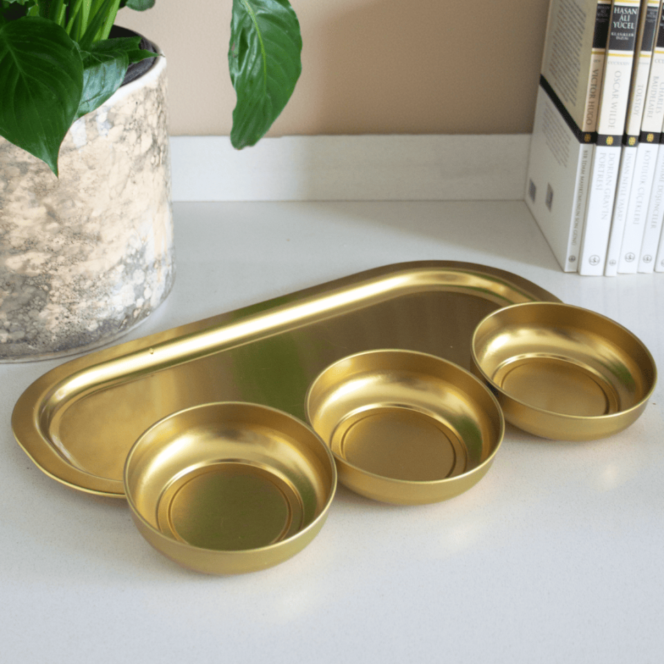 Sarkap Home 3'lü Çerezlik ve Sunumluk Tepsi Seti Gold