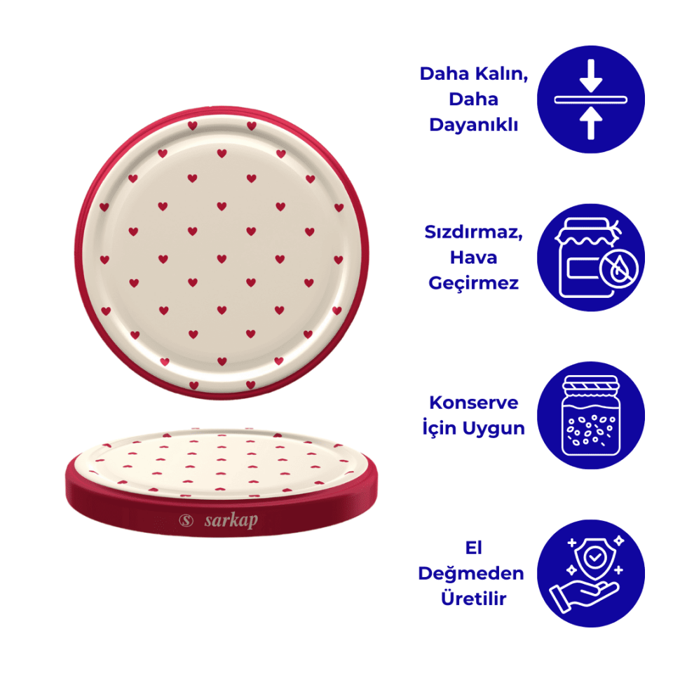 Hijyenik Paketli 10 Adet Kavanoz Kapağı Kalpli Desenler 82 mm KırmızıKalpKrem