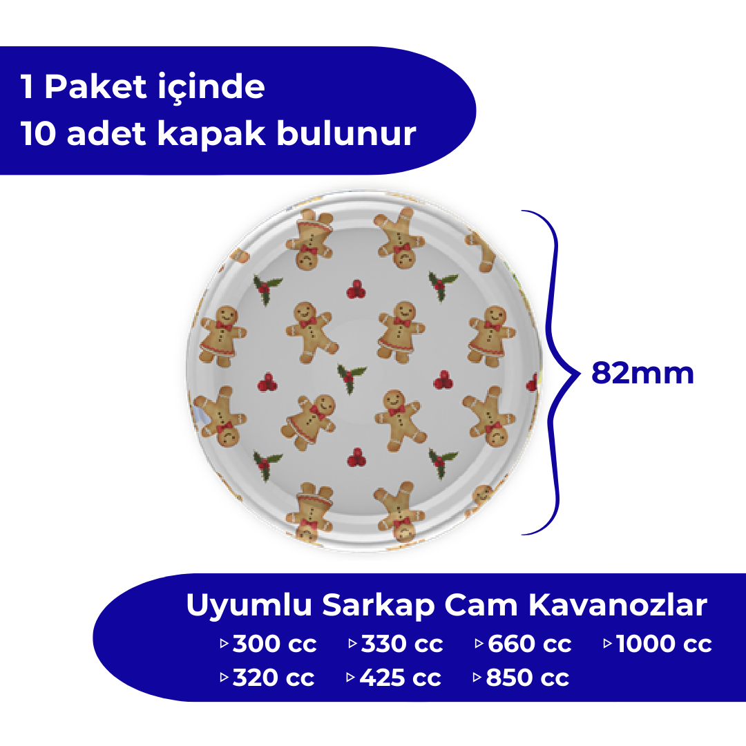 Hijyenik Paketli 10 Adet Kavanoz Kapağı Yeni Yıl Serisi 82 mm