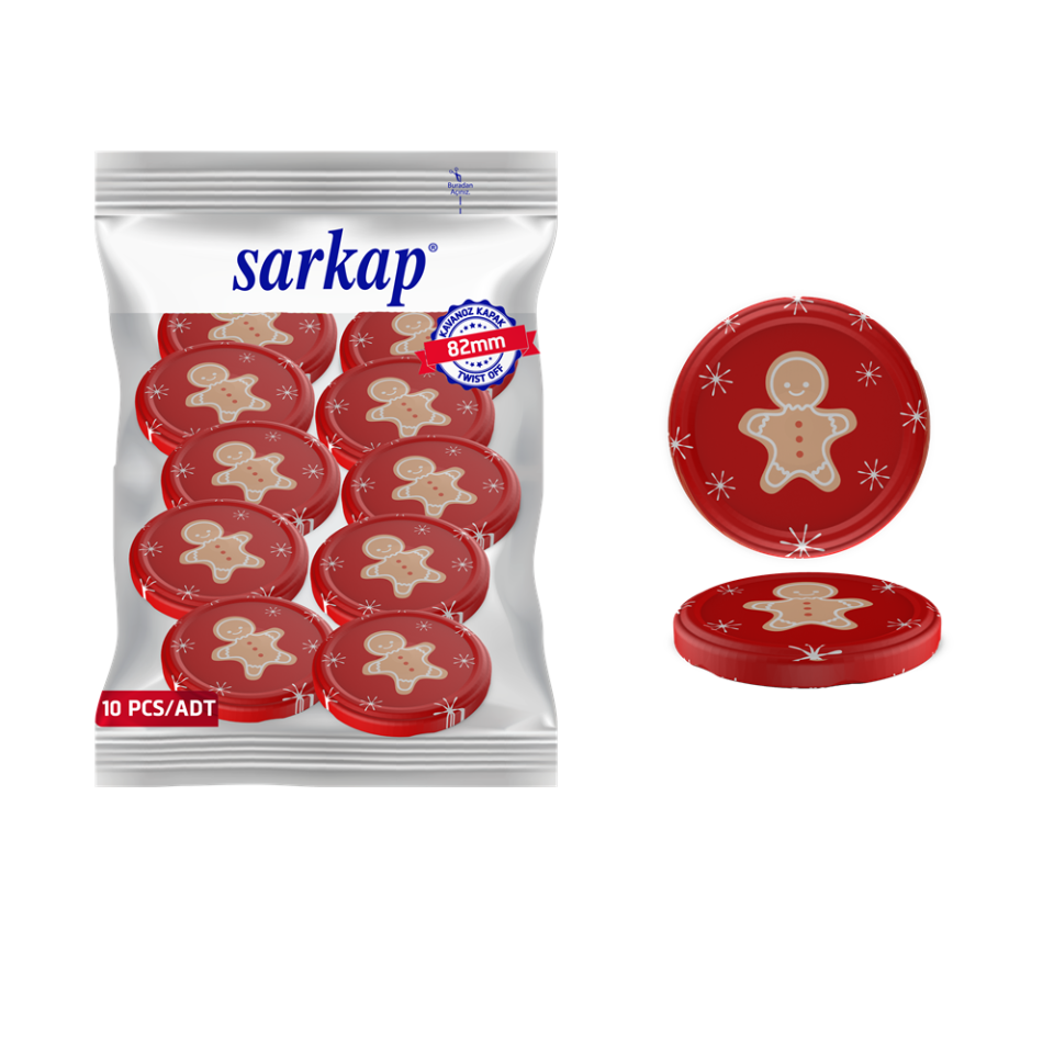 Hijyenik Paketli 10 Adet Kavanoz Kapağı Yeni Yıl Serisi 82 mm KırmızıCookie
