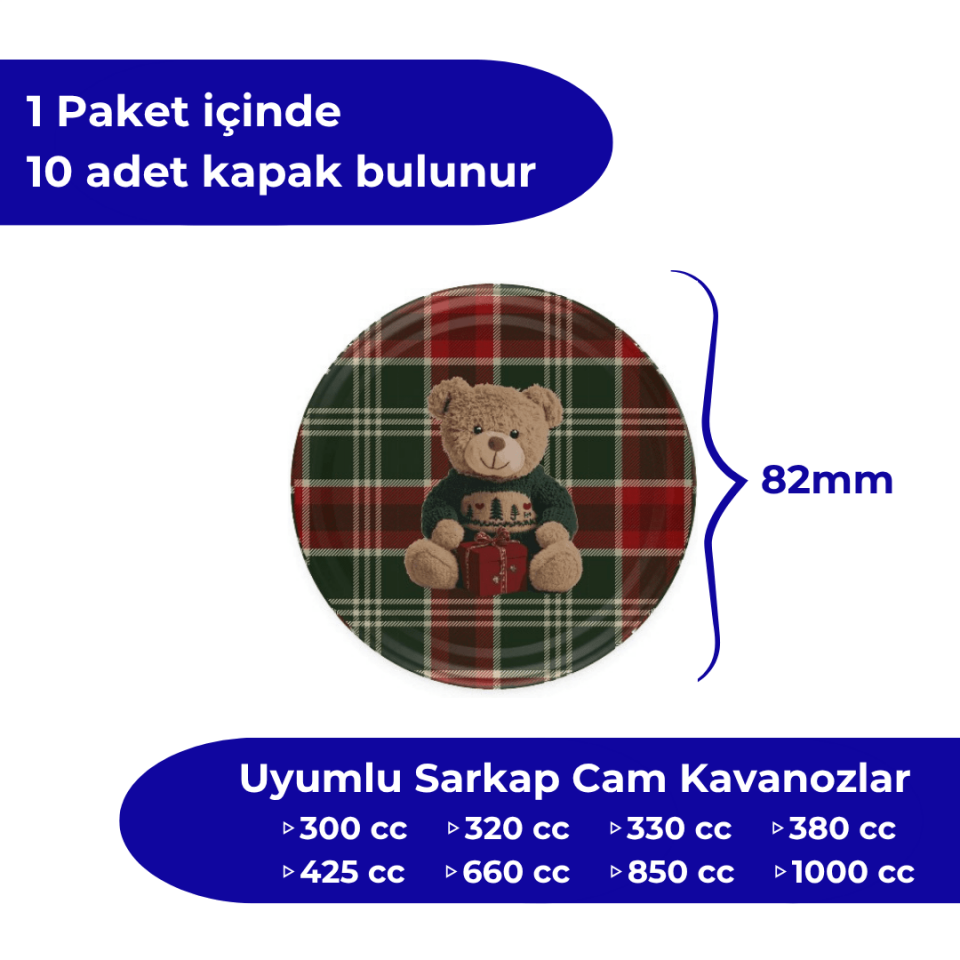 Hijyenik Paketli 10 Adet Kavanoz Kapağı Yeni Yıl Serisi 82 mm EkoseTeddyYeşil&Kırmızı