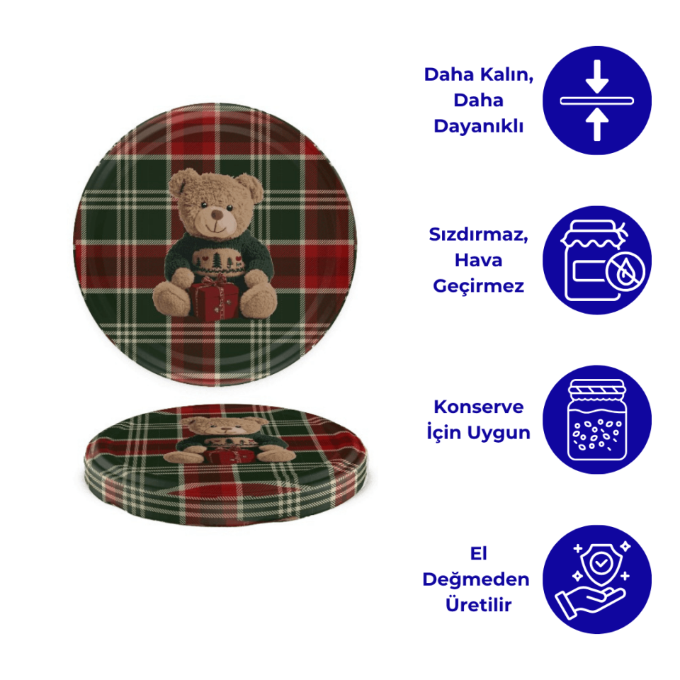 Hijyenik Paketli 10 Adet Kavanoz Kapağı Yeni Yıl Serisi 82 mm EkoseTeddyYeşil&Kırmızı