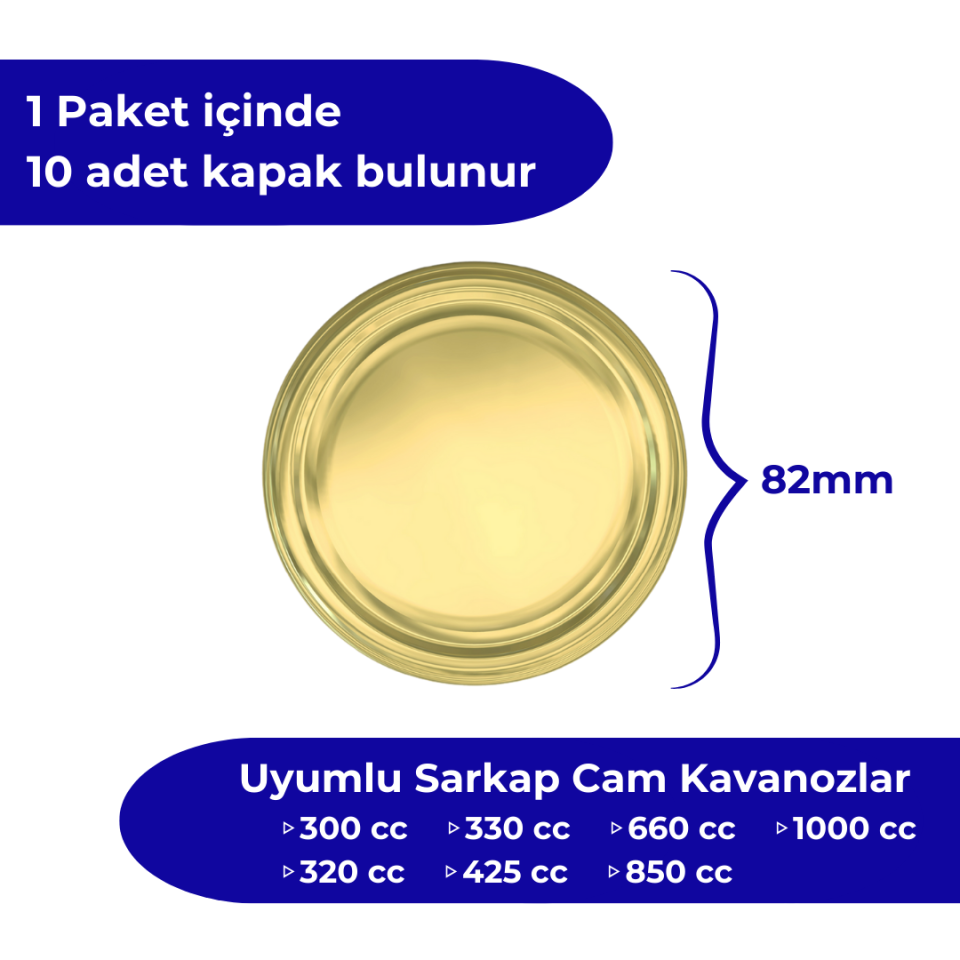 Hijyenik Paketli 10 Adet Kavanoz Kapağı Düz Renkler 82 mm Gold
