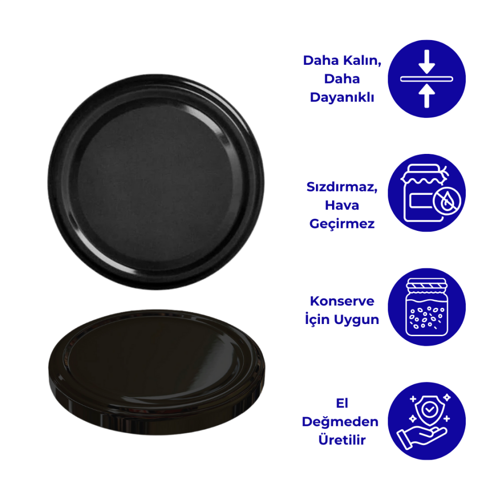 Hijyenik Paketli 10 Adet Kavanoz Kapağı Düz Renkler 82 mm Siyah