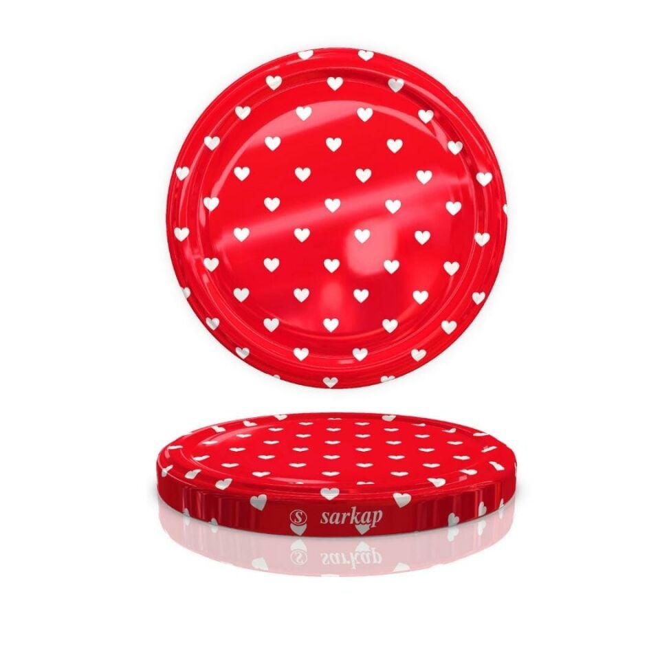 Hijyenik Paketli 10 Adet Kavanoz Kapağı Kalpli Desenler 82 mm KoyuKırmızı