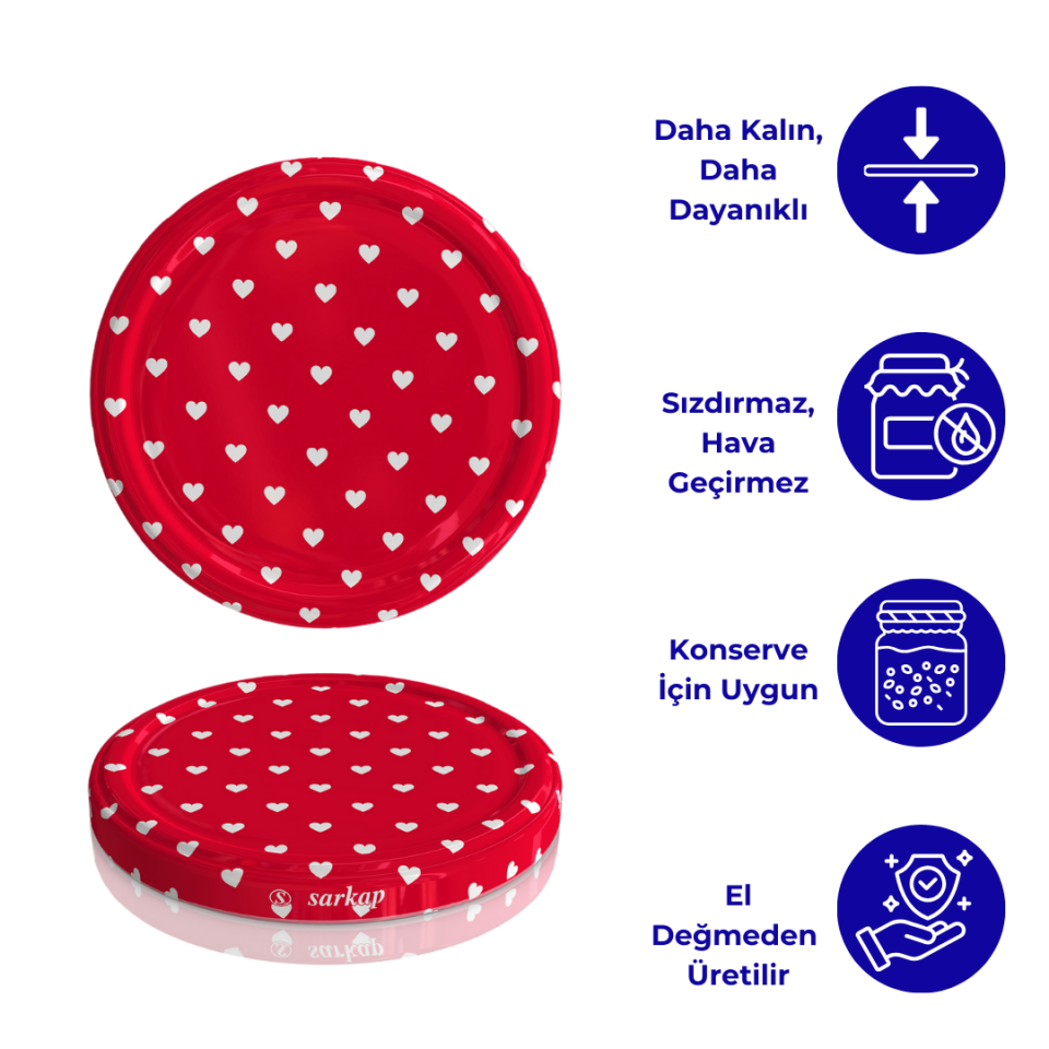 Hijyenik Paketli 10 Adet Kavanoz Kapağı Kalpli Desenler 82 mm Kırmızı