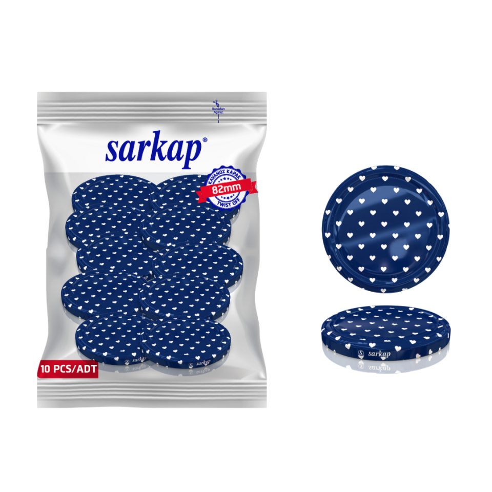 Hijyenik Paketli 10 Adet Kavanoz Kapağı Kalpli Desenler 82 mm Mavi