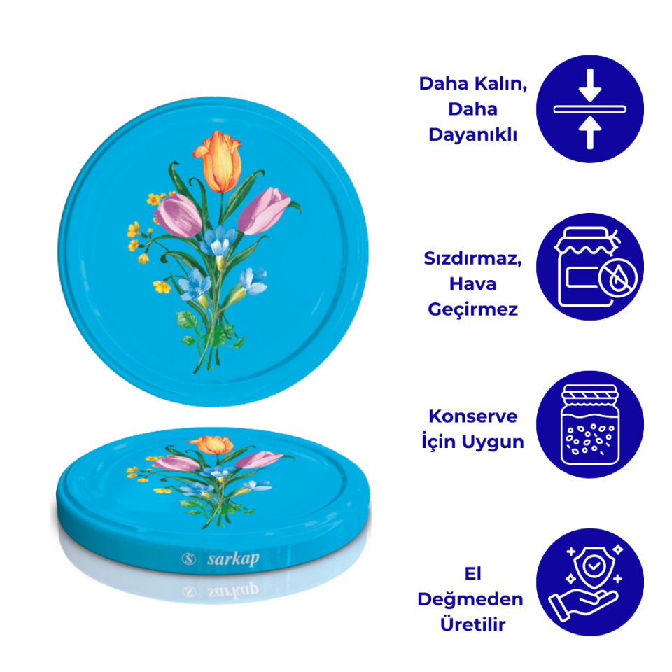 Hijyenik Paketli 10 Adet Kavanoz Kapağı Çiçek Desenler 82 mm Mavi