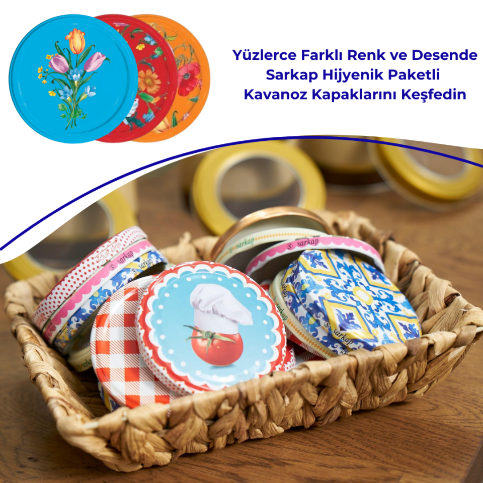 Hijyenik Paketli 10 Adet Kavanoz Kapağı Çiçek Desenler 82 mm Mavi