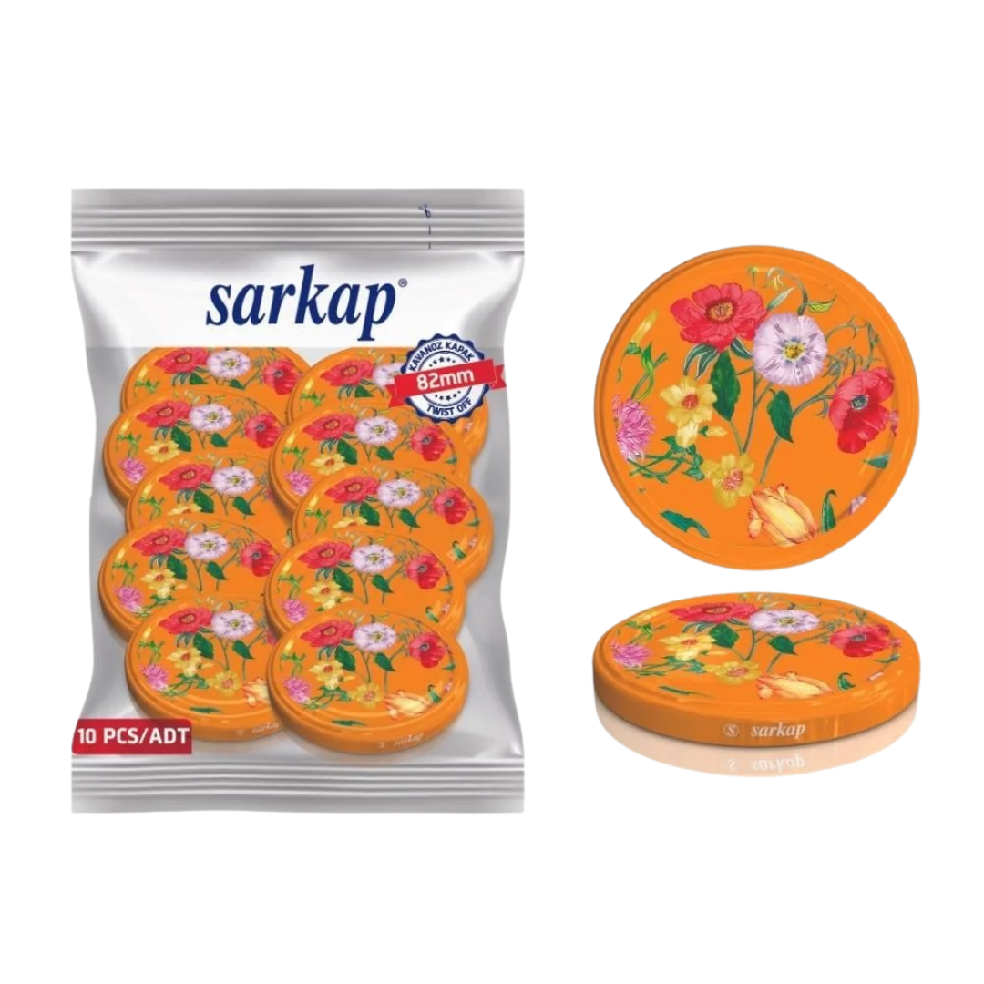 Hijyenik Paketli 10 Adet Kavanoz Kapağı Çiçek Desenler 82 mm Turuncu
