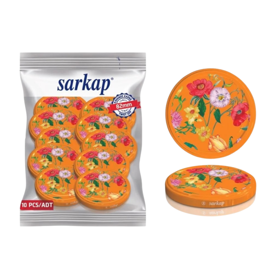 Hijyenik Paketli 10 Adet Kavanoz Kapağı Çiçek Desenler 82 mm Turuncu