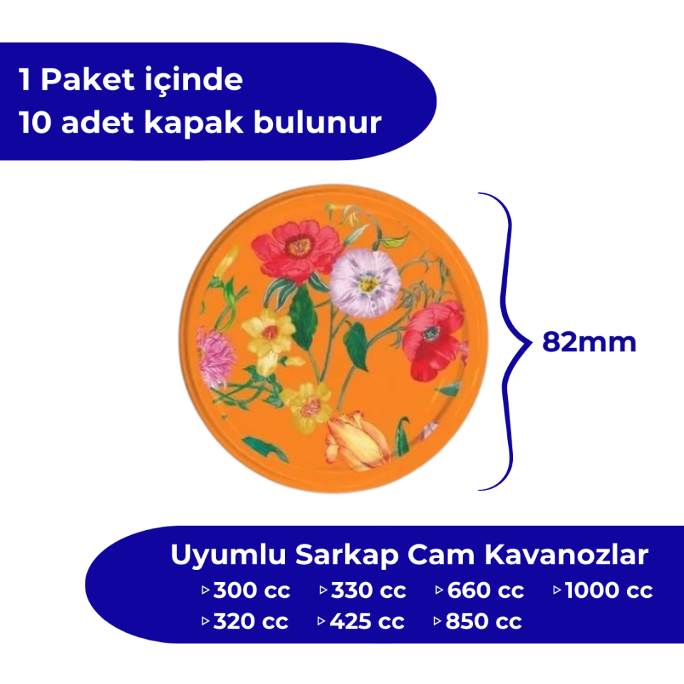 Hijyenik Paketli 10 Adet Kavanoz Kapağı Çiçek Desenler 82 mm Turuncu