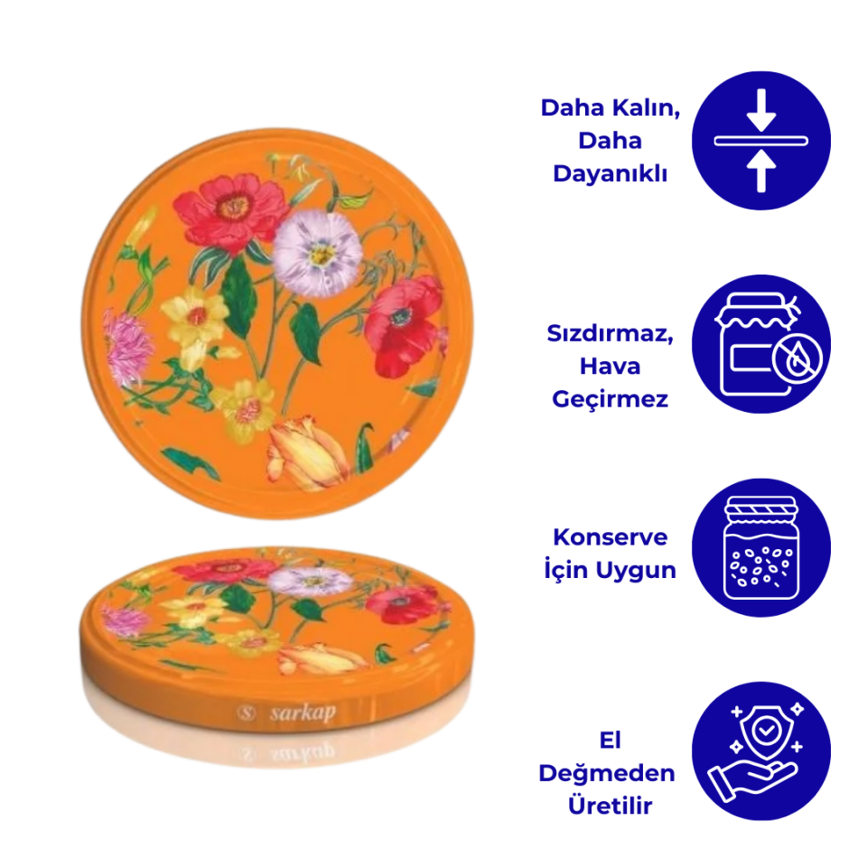 Hijyenik Paketli 10 Adet Kavanoz Kapağı Çiçek Desenler 82 mm Turuncu