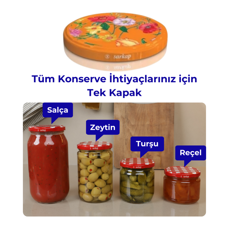 Hijyenik Paketli 10 Adet Kavanoz Kapağı Çiçek Desenler 82 mm Turuncu