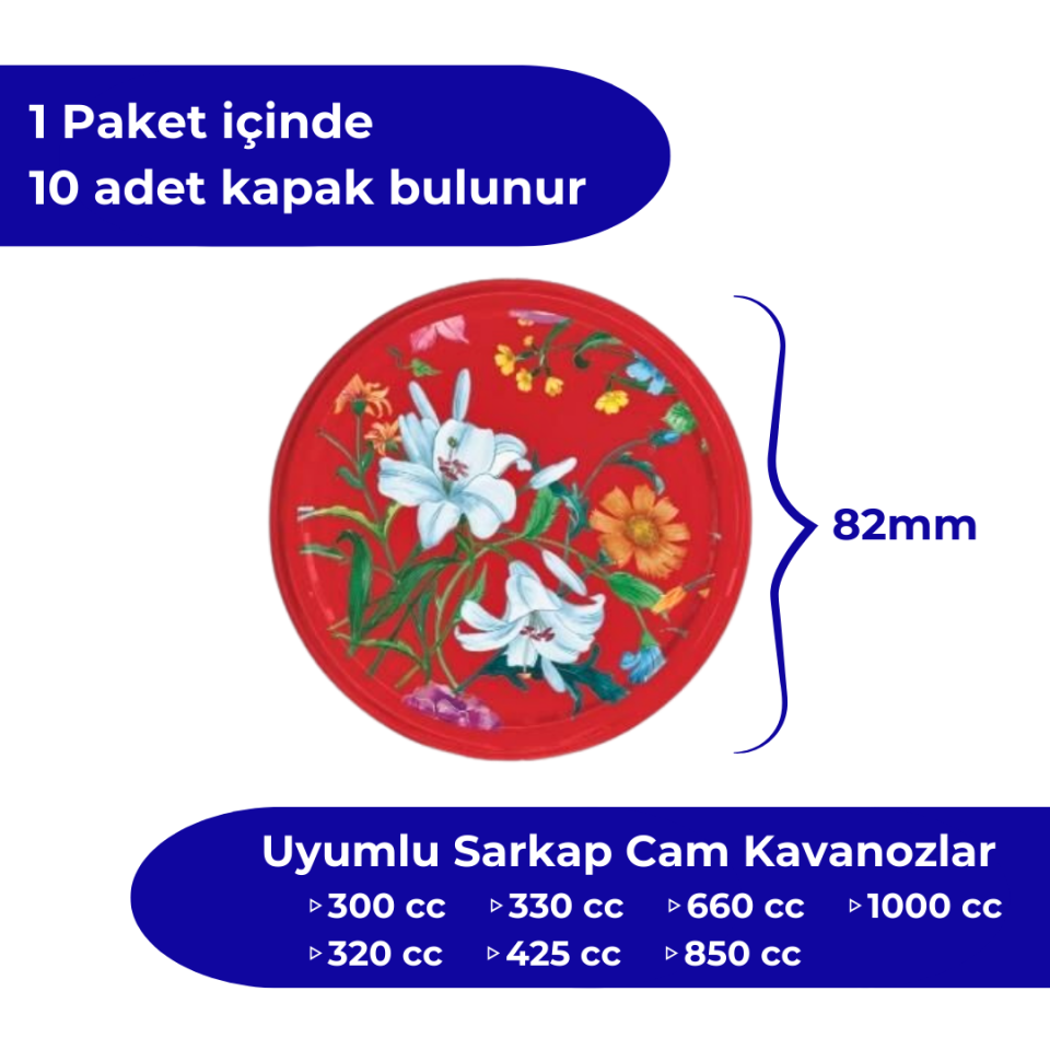 Hijyenik Paketli 10 Adet Kavanoz Kapağı Çiçek Desenler 82 mm BORDO