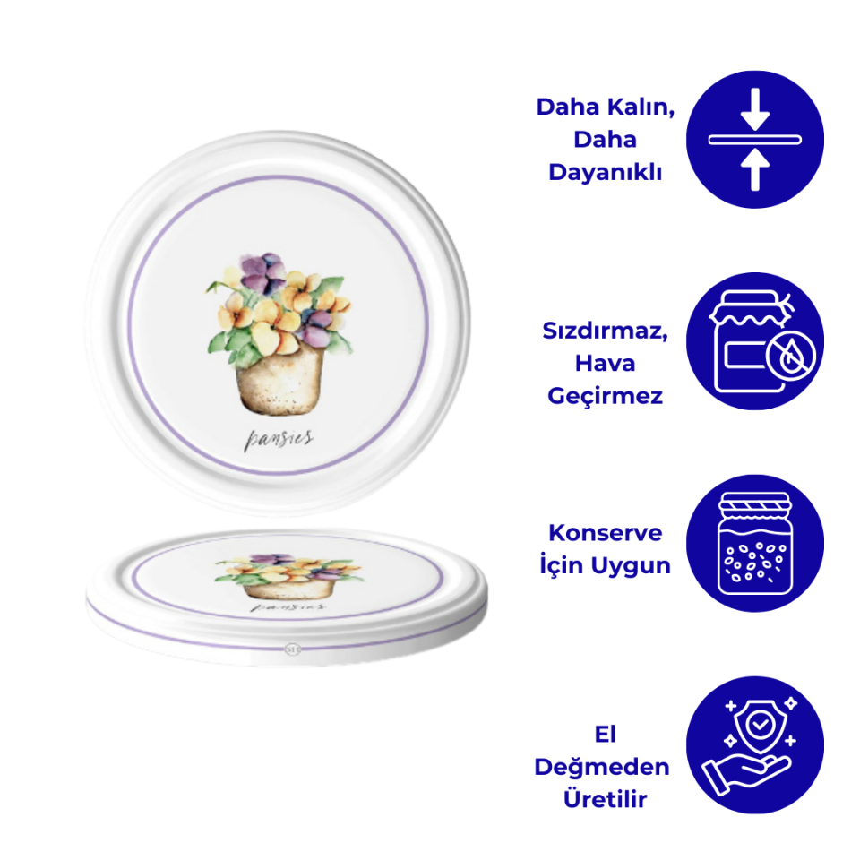 Hijyenik Paketli 10 Adet Kavanoz Kapağı Çiçek Desenler 82 mm Pansies