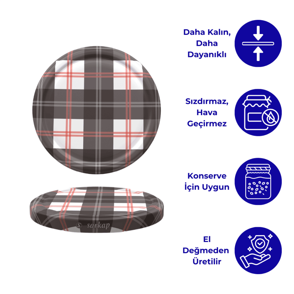 Hijyenik Paketli 10 Adet Kavanoz Kapağı Ekose Desenler 82 mm Gri-Beyaz