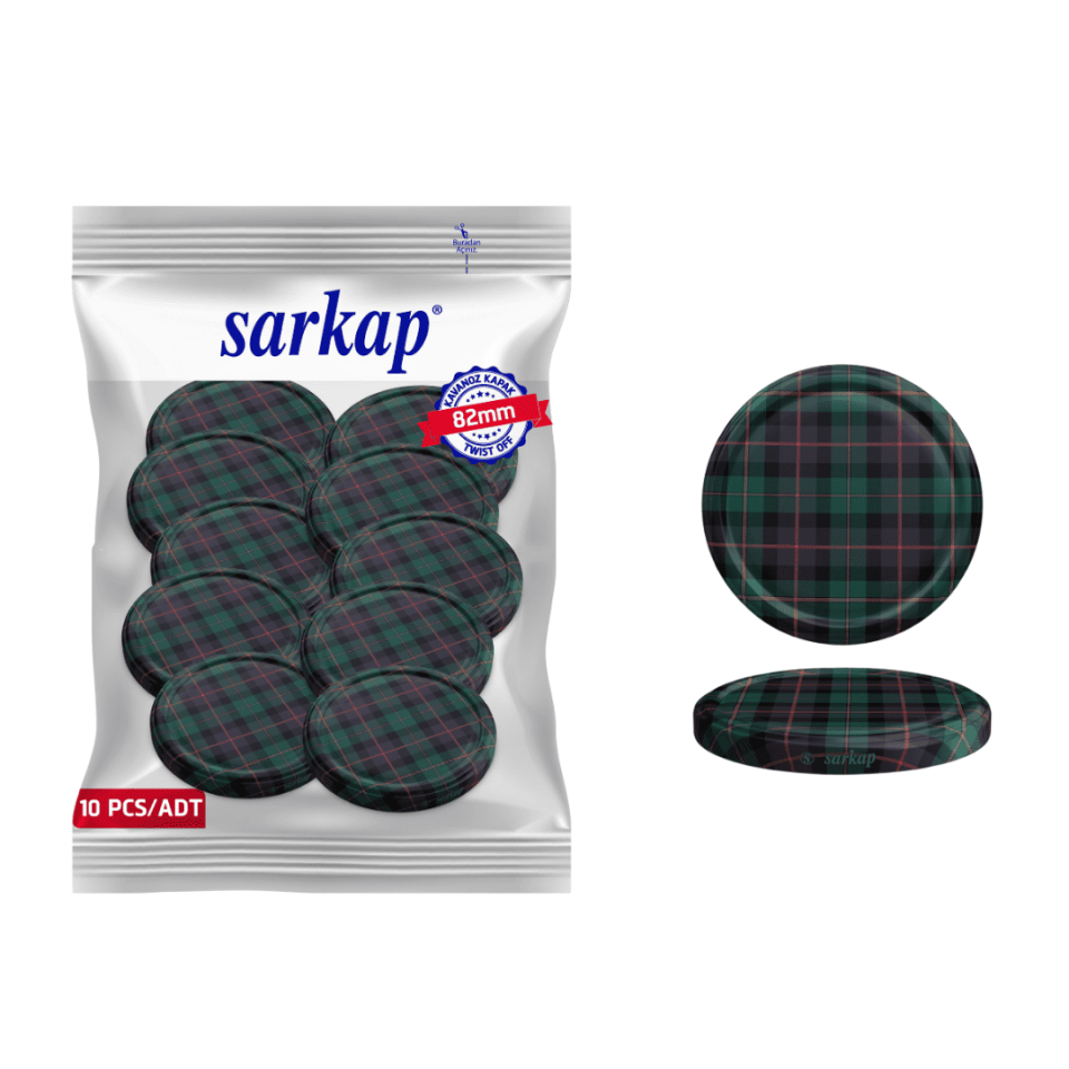 Hijyenik Paketli 10 Adet Kavanoz Kapağı Ekose Desenler 82 mm Yeşil-Siyah