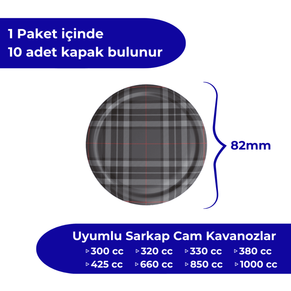 Hijyenik Paketli 10 Adet Kavanoz Kapağı Ekose Desenler 82 mm GriEkose