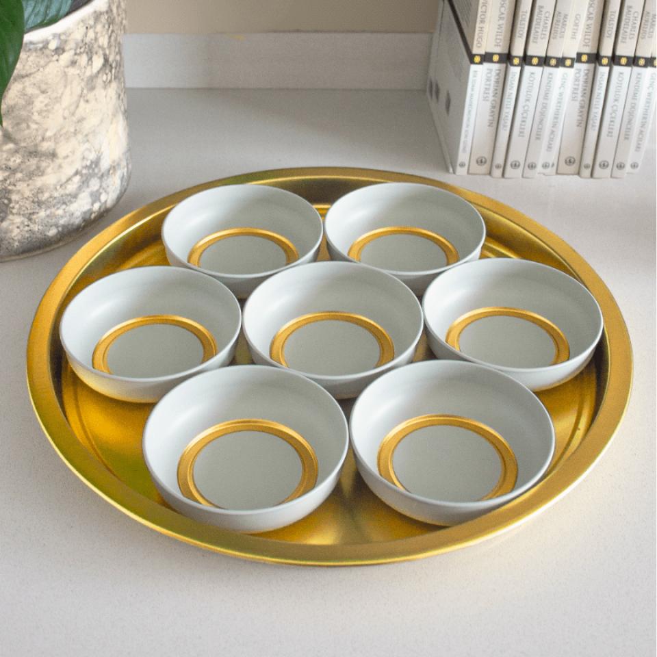 Sarkap Home 7'li Çerezlik ve Tepsi Seti Krem-Gold