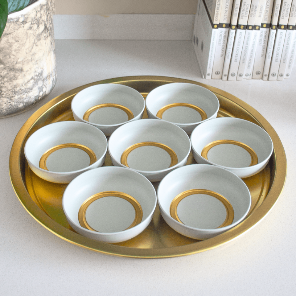 Sarkap Home 7'li Çerezlik ve Tepsi Seti Krem-Gold