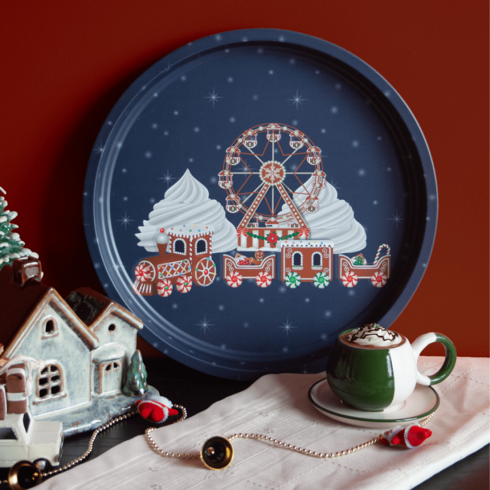 Sarkap Home Yılbaşı Desenli Dekoratif Metal Tepsi - Happy New Year Carousel