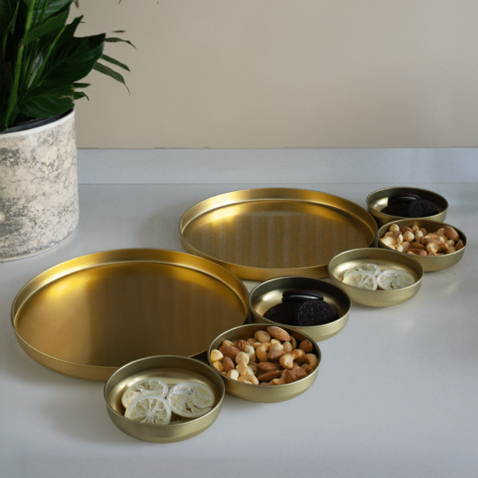 Sarkap Home 2'li Sunumluk Tepsi ve 6'lı Çerezlik Servis Seti Gold