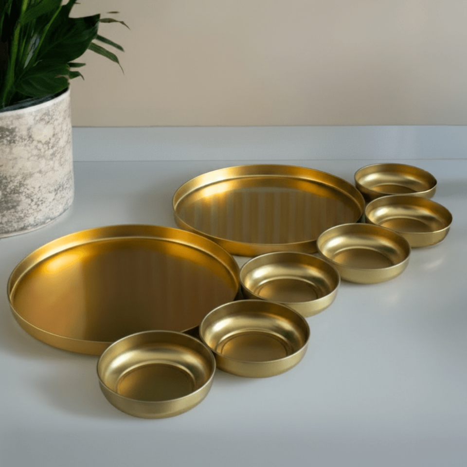 Sarkap Home 2'li Sunumluk Tepsi ve 6'lı Çerezlik Servis Seti Gold