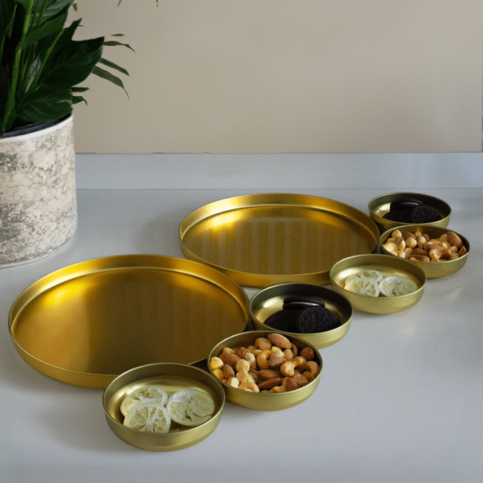 Sarkap Home 2'li Sunumluk Tepsi ve 6'lı Çerezlik Servis Seti Gold