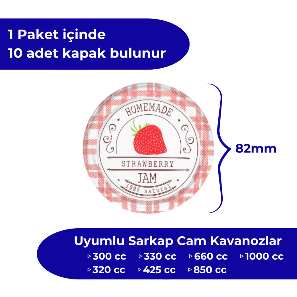 Hijyenik Paketli 10 Adet Kavanoz Kapağı Meyve Desenler 82 mm Çilek
