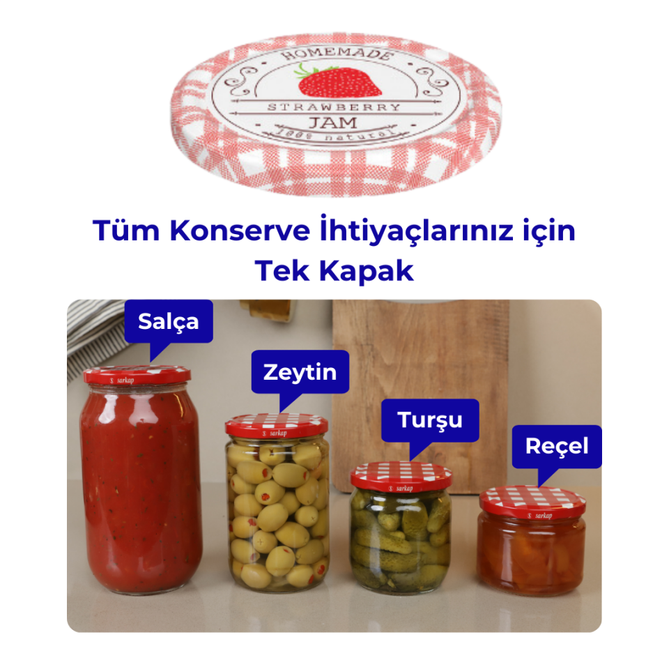 Hijyenik Paketli 10 Adet Kavanoz Kapağı Meyve Desenler 82 mm Çilek