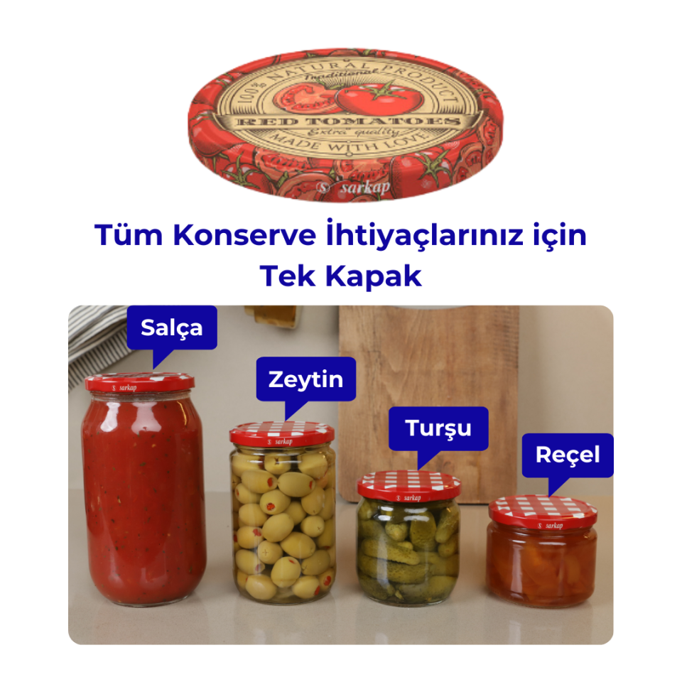 Hijyenik Paketli 10 Adet Kavanoz Kapağı Domates Desenler 82 mm RedTomatoes