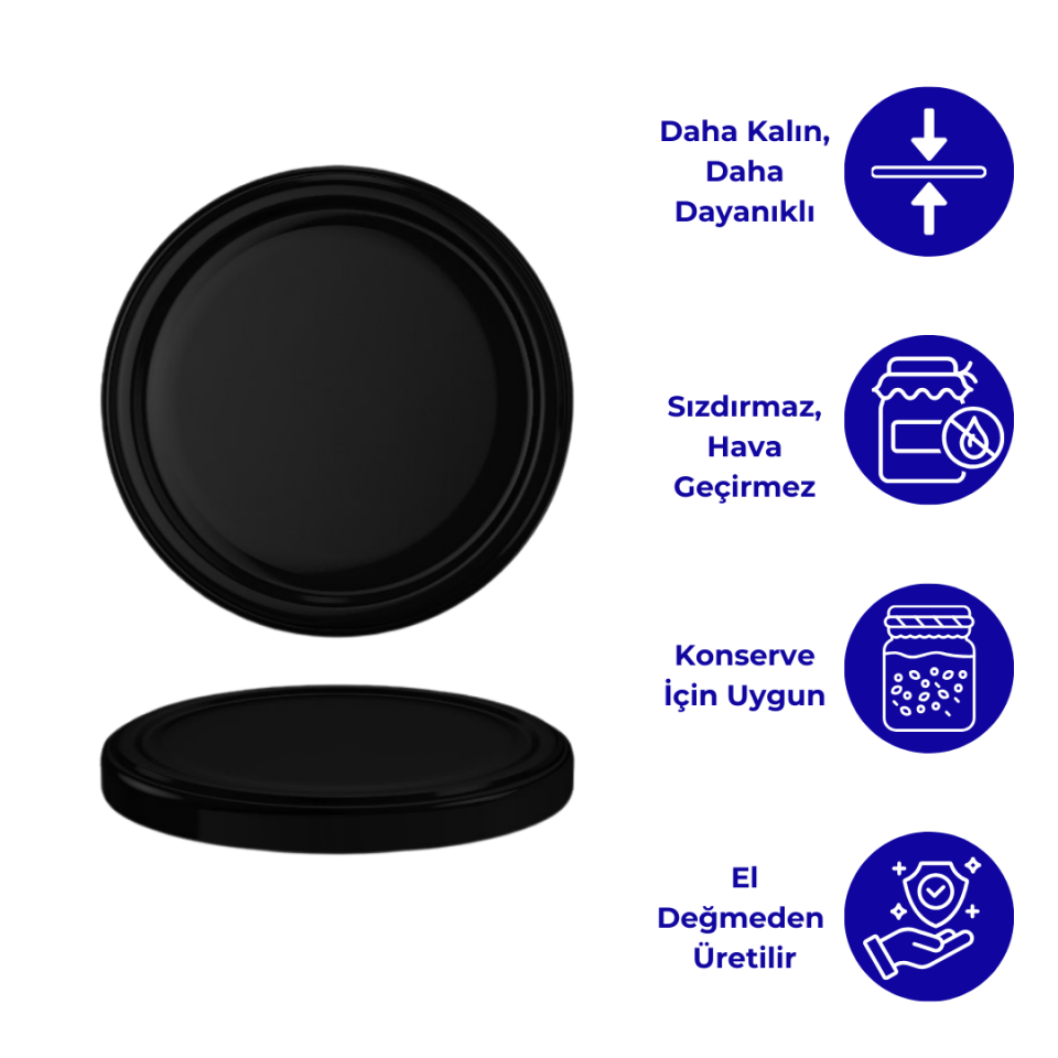 Hijyenik Paketli 10 Adet Kavanoz Kapağı Düz Renkler 82 mm MatSiyah