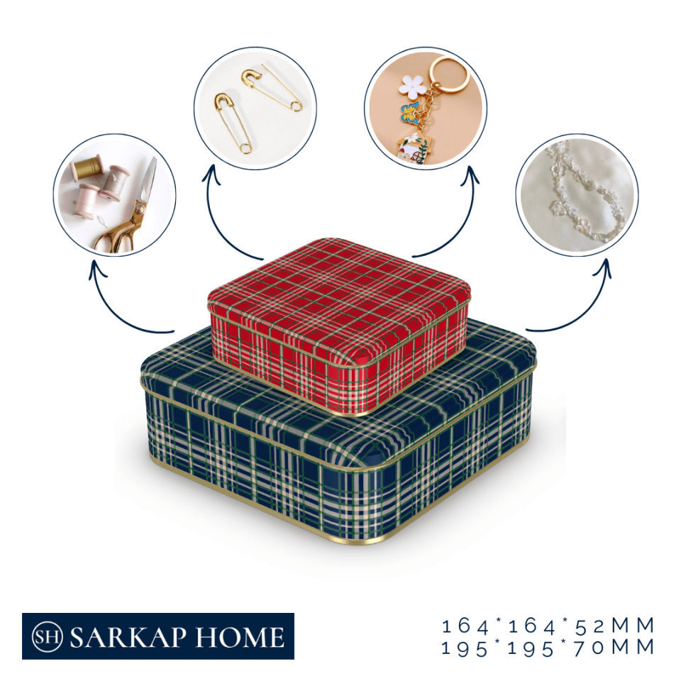 Sarkap Home 2'li Ekose Desenli Metal Saklama Kutusu Seti