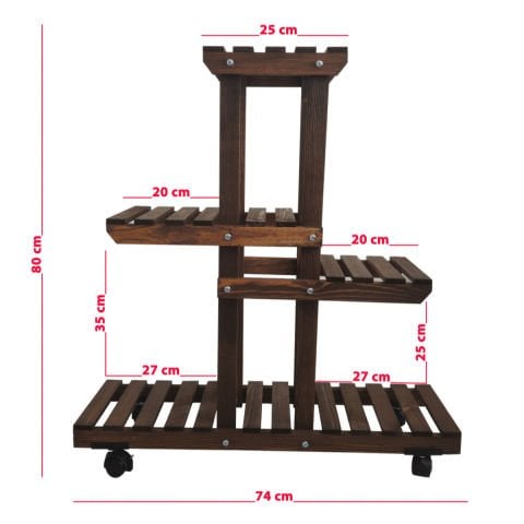 Ahşap (Çam) CEVİZ Renk 4 Katlı Bitki Standı, Kilitlenebilir Tekerlekler + Mini Bahçe Seti