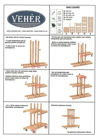 Ahşap (Çam) CEVİZ Renk 4 Katlı Bitki Standı, Kilitlenebilir Tekerlekler + Mini Bahçe Seti