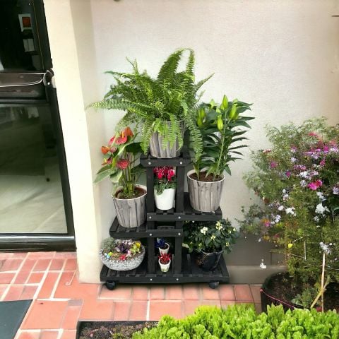 Ahşap (Çam) SİYAH Renk 4 Katlı Bitki Standı, Kilitlenebilir Tekerlekler + Mini Bahçe Seti + My Bead Kokulu Mum 50 cc