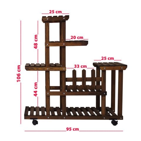 Ahşap (Çam) CEVİZ Renk 6 Katlı Bitki Standı, Kilitlenebilir Tekerlekler + Mini Bahçe Seti + My Bead Kokulu Mum 50 cc